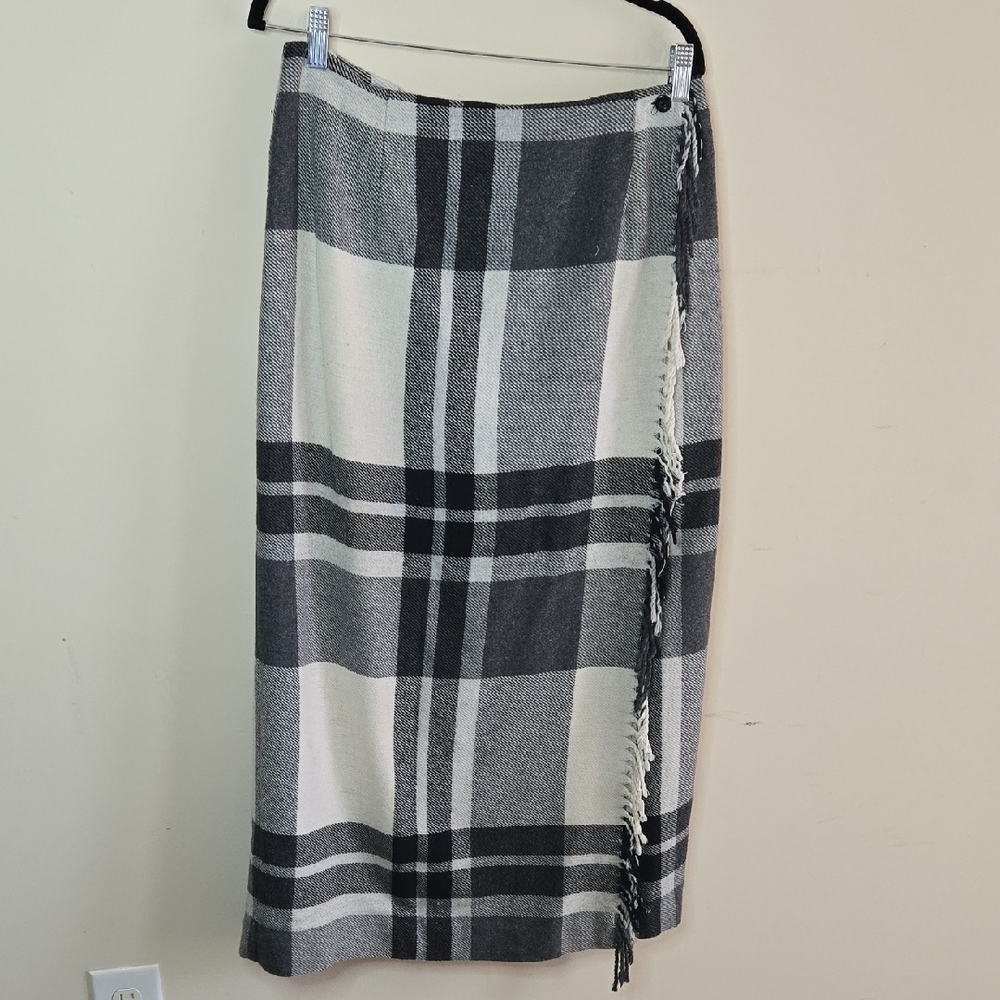Worthington Black White Plaid Wool Wrap Maxi Skirt - Picture 2 of 9